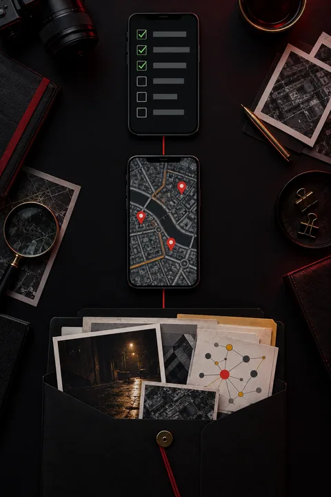 Infográfico de 3 etapas: celular com checklist, mapa com pins de localização, dossiê com provas — fundo escuro, conectados por linha vermelha